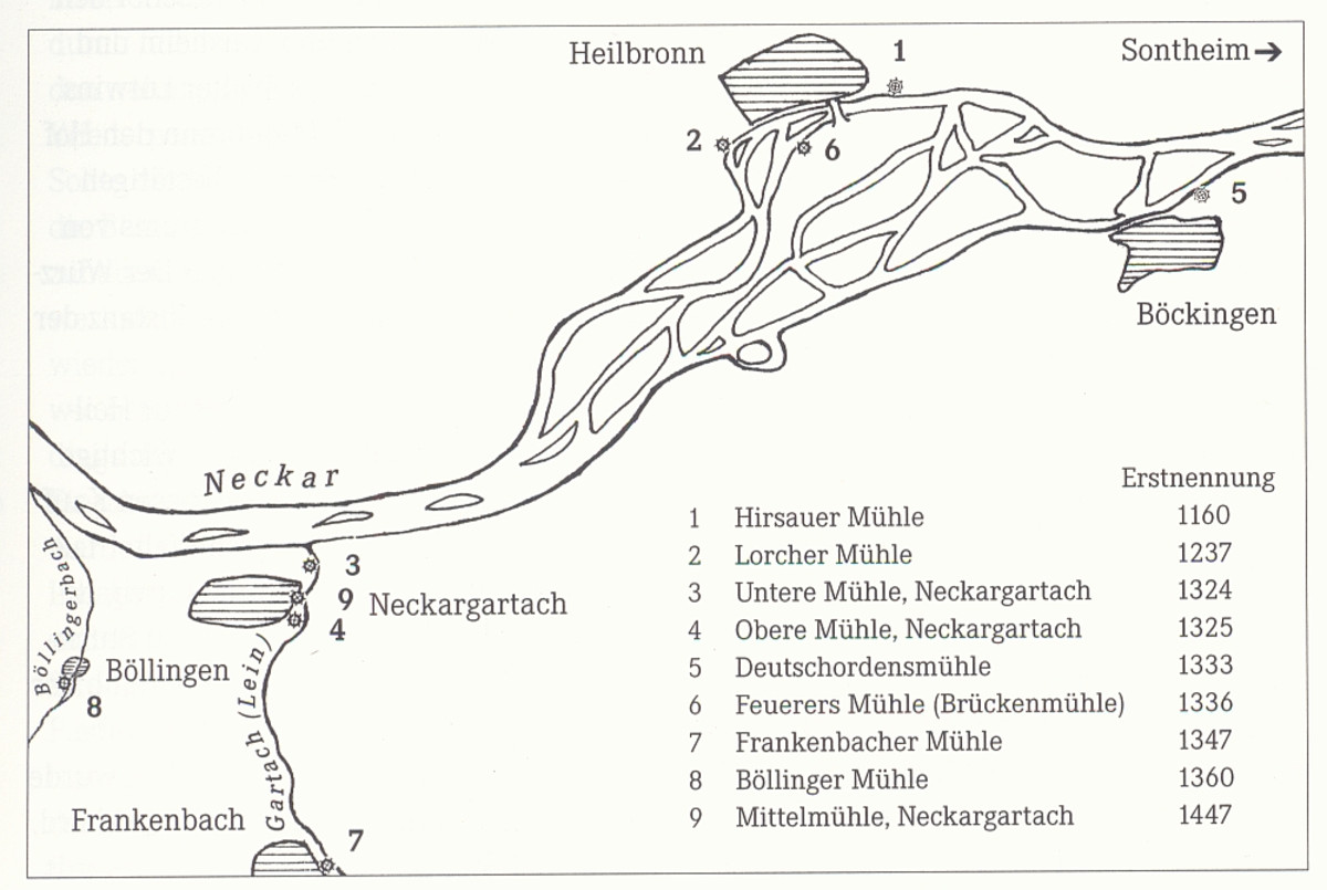 Standorte Heilbronner Mühlen im 14. und 15. Jahrhundert (Aus: Museo 15/2000, S. 9) Standorte Heilbronner Mühlen im 14. und 15. Jahrhundert (Aus: Museo 15/2000, S. 9)