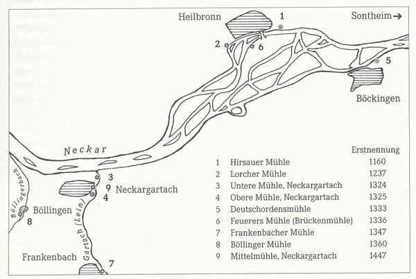 Standorte Heilbronner Mühlen im 14. und 15. Jahrhundert (Aus: Museo 15/2000, S. 9)