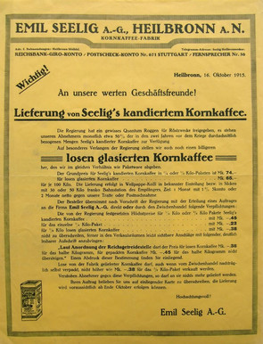 Werbeblatt der Emil Seelig AG vom 16. Oktober 1915 (Stadtarchiv Heilbronn E002-407)