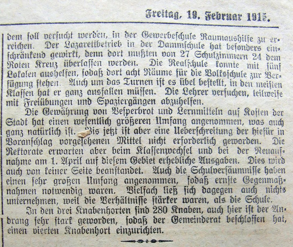 Neckar-Echo vom 19. Februar 1915: Über die Einwirkungen des Krieges auf des Schulwesen der Stadt Heilbronn - Fortsetzung (Stadtarchiv Heilbronn L008-50)