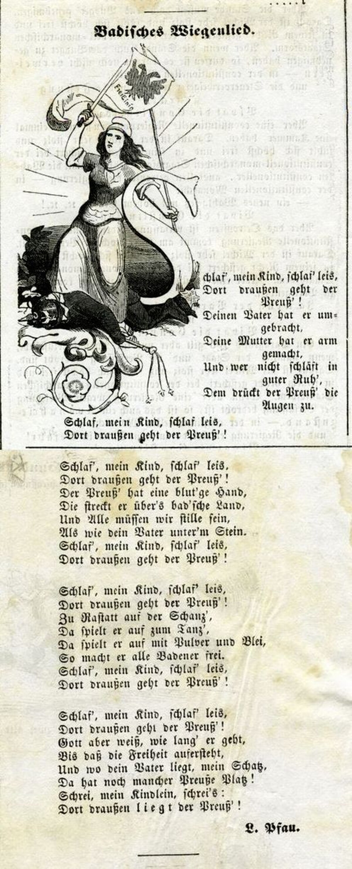Ludwig Pfau: Badisches Wiegenlied (Eulenspiegel Nr. 50, 08.12.1849, S. 200) Ludwig Pfau: Badisches Wiegenlied (Eulenspiegel Nr. 50, 08.12.1849, S. 200)