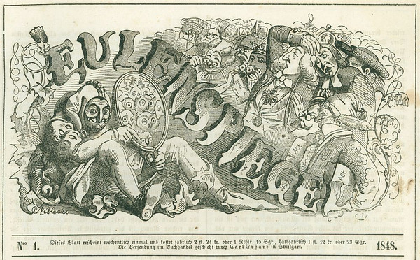 Titel (Kopf) des satirischen Wochenblatts "Eulenspiegel. Ein Volks-, Witz- und Carricaturen-Blatt. Redigirt von Ludwig Pfau". Nr. 1, Januar 1848
