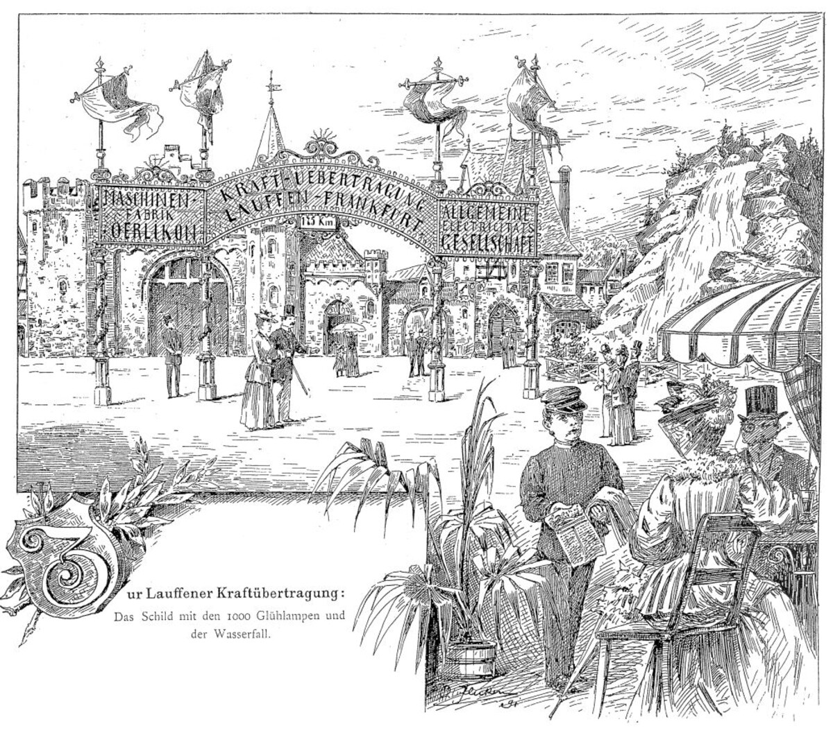 Glühlampen signalisieren 1891 den Stromfluss von Lauffen nach Frankfurt/Main (Offizielle Zeitung der Internationalen Elektrotechnischen Ausstellung Nr. 25, S. 828) Glühlampen signalisieren 1891 den Stromfluss von Lauffen nach Frankfurt/Main (Offizielle Zeitung der Internationalen Elektrotechnischen Ausstellung Nr. 25, S. 828)