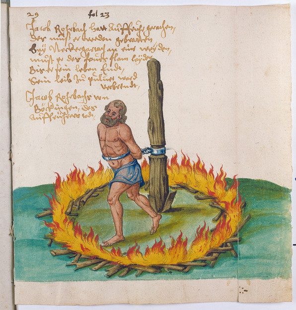 Hinrichtung des Heilbronner Bauernführers Jäklein Rorbach (Quelle: Karlsruhe, Badische Landesbibliothek, Cod. Karlsruhe 2476, fol. 129r)