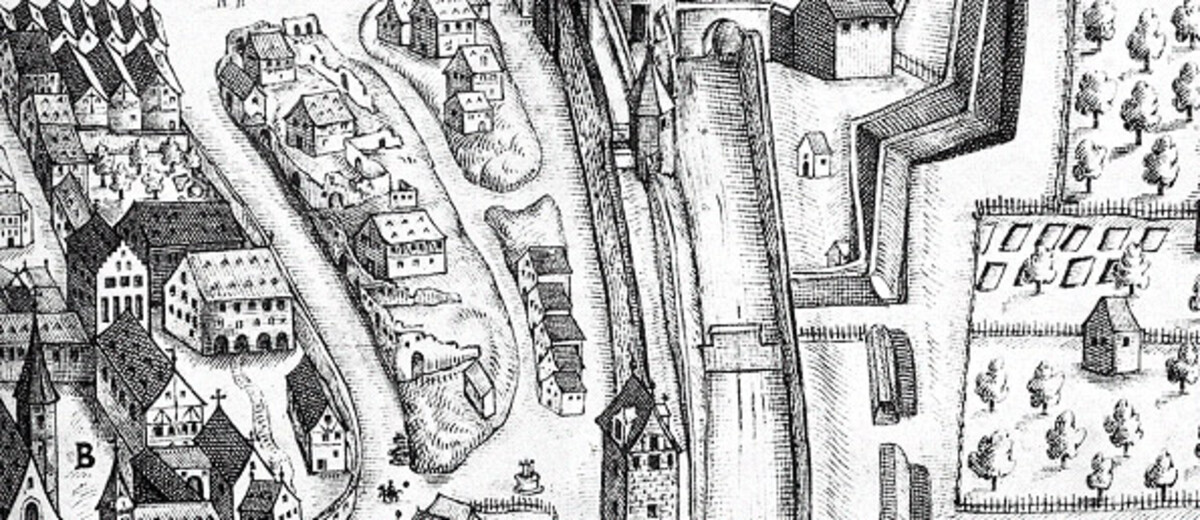 Zerstörte Häuser in Heilbronn nach dem Dreißigjährigen Krieg; 1658 Stadtansicht von Johann Sigmund Schlehenried (Ausschnitt) (Stadtarchiv Heilbronn) Zerstörte Häuser in Heilbronn nach dem Dreißigjährigen Krieg; 1658
Stadtansicht von Johann Sigmund Schlehenried (Ausschnitt)
(Stadtarchiv Heilbronn)
