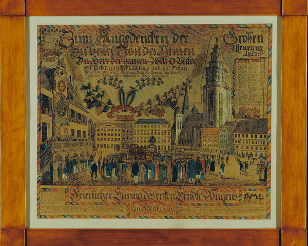 Erinnerungsblatt - Feierlicher Einzug des ersten Erndtewagens in Heilbronn; 1817. Lithografie von F. F. Schmidt (Foto Stadtarchiv Heilbronn)