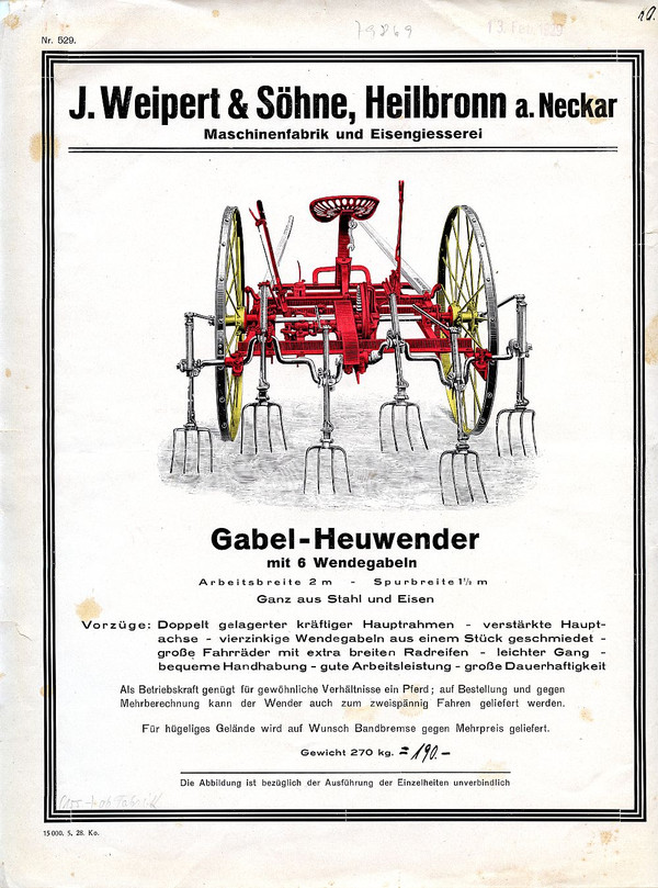 Prospekt Gabel-Heuwender der Firma J. Weipert & Söhne, um 1930 (Stadtarchiv Heilbronn E002-910)