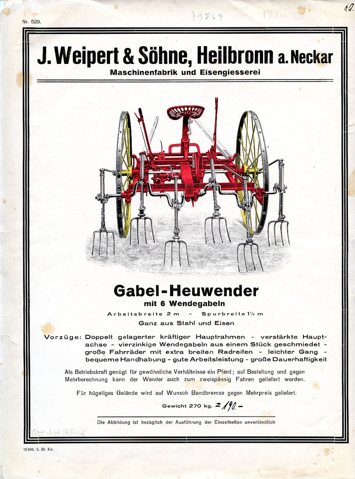 Prospekt Gabel-Heuwender der Firma J. Weipert & Söhne, um 1930 (Stadtarchiv Heilbronn E002-910) Prospekt Gabel-Heuwender der Firma J. Weipert & Söhne, um 1930 (Stadtarchiv Heilbronn E002-910)