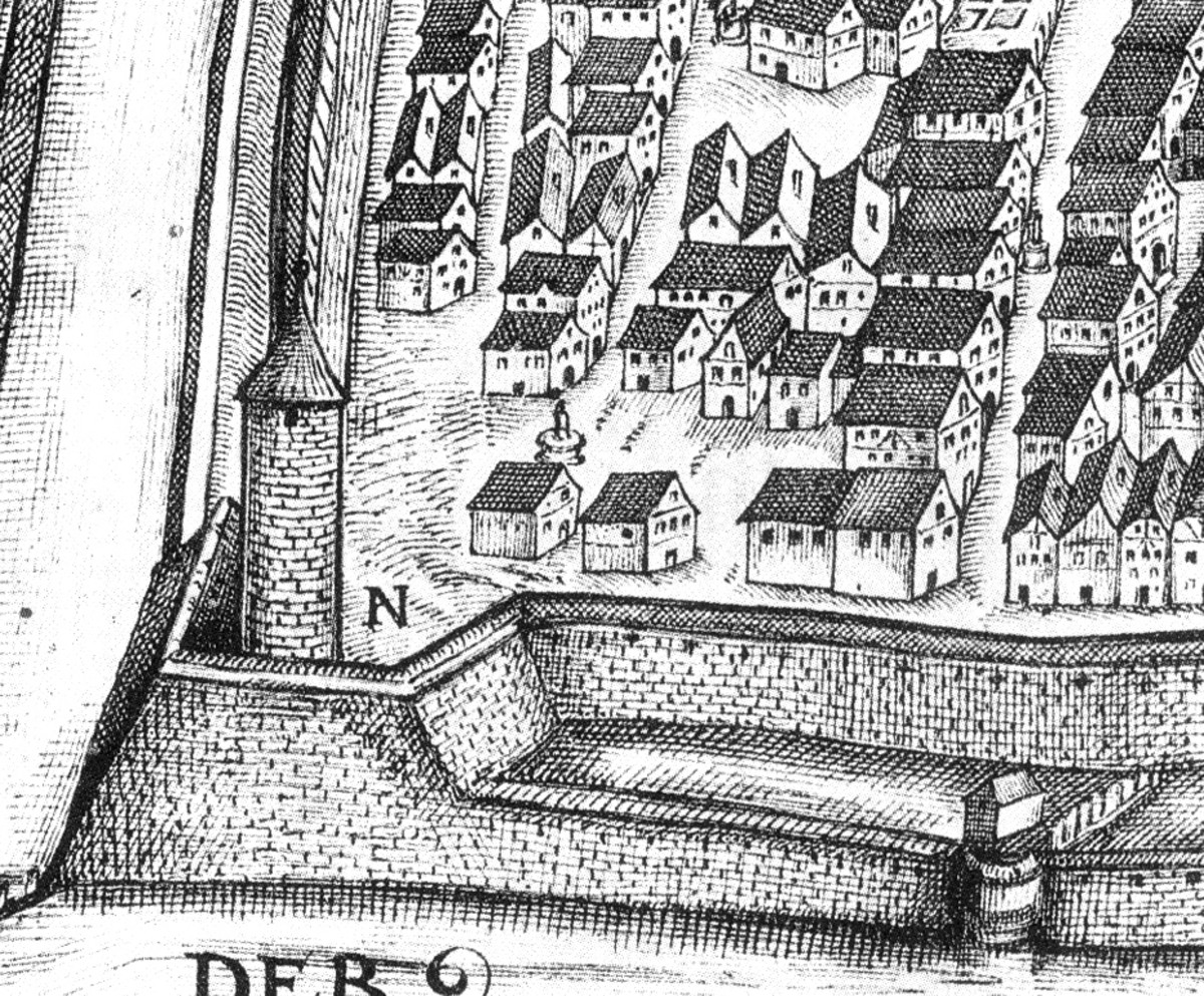 Viertel am Bollwerksturm; 1658 Stadtansicht von Johann Sigmund Schlehenried (Ausschnitt) (Stadarchiv Heilbronn) Viertel am Bollwerksturm; 1658
Stadtansicht von Johann Sigmund Schlehenried (Ausschnitt)
(Stadarchiv Heilbronn)