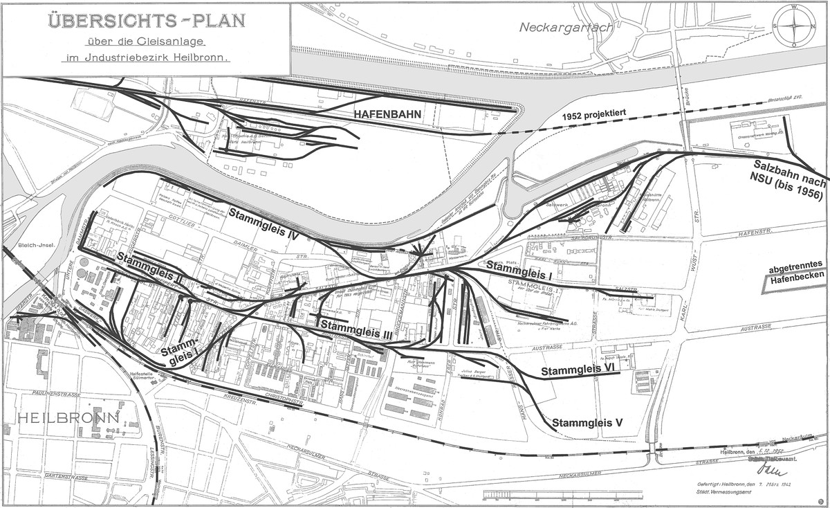 Die Anlagen der Industrie- und Hafenbahn im Jahr 1952, angefertigt auf der Grundlage eines Plans aus dem Jahr 1942 Die Anlagen der Industrie- und Hafenbahn im Jahr 1952, angefertigt auf der Grundlage eines Plans aus dem Jahr 1942