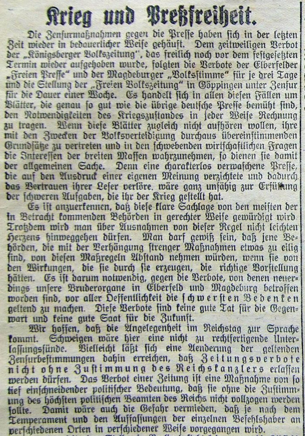 Neckar-Echo vom 6. März 1915: Krieg und Preßfreiheit (Stadtarchiv Heilbronn L008-50)