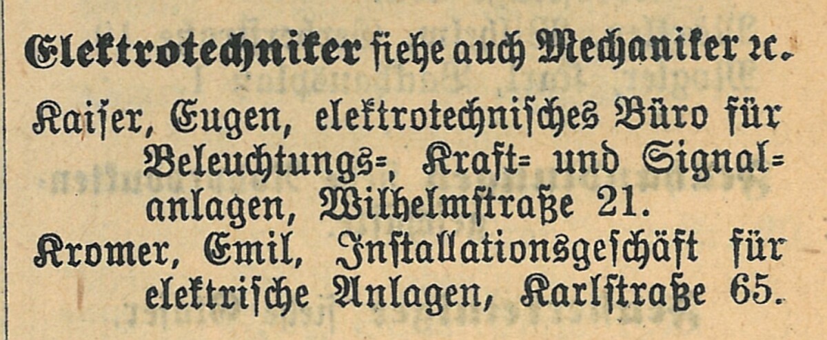 Auszug aus dem Adressbuch der Stadt Heilbronn, 1909, Verzeichnis der Handels- und Gewerbetreibenden (Stadtarchiv Heilbronn) Auszug aus dem Adressbuch der Stadt Heilbronn, 1909, Verzeichnis der Handels- und Gewerbetreibenden (Stadtarchiv Heilbronn)