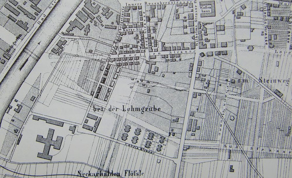 Die Lage der Arbeiterhäuser im ehemaligen Industriegebiet zwischen der heutigen Südstraße und der Fabrikstraße "bei der Lehmgrube" (Stadtarchiv Heilbronn A034-76)
