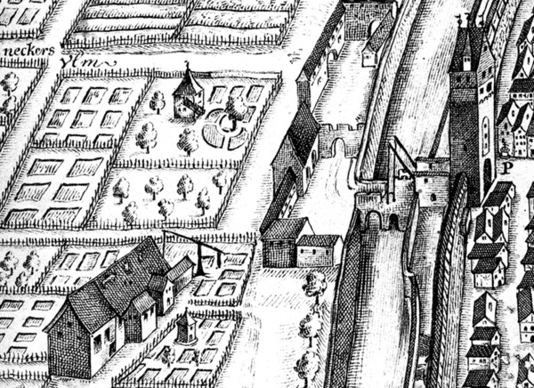 Sülmertor und Vorwerk; 1658
Stadtansicht von Johann Sigmund Schlehenried (Ausschnitt)
(Stadtarchiv Heilbronn)