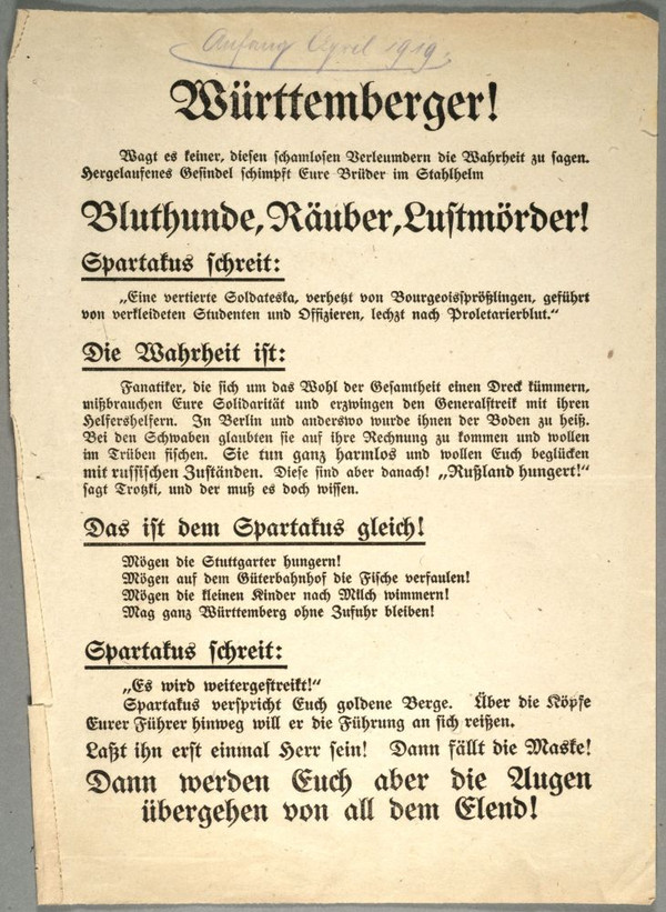 Flugblatt der württembergischen Regierung gegen den vom Spartakus geforderten Generalstreik, April 1919 (Stadtarchiv Heilbronn E002–310)