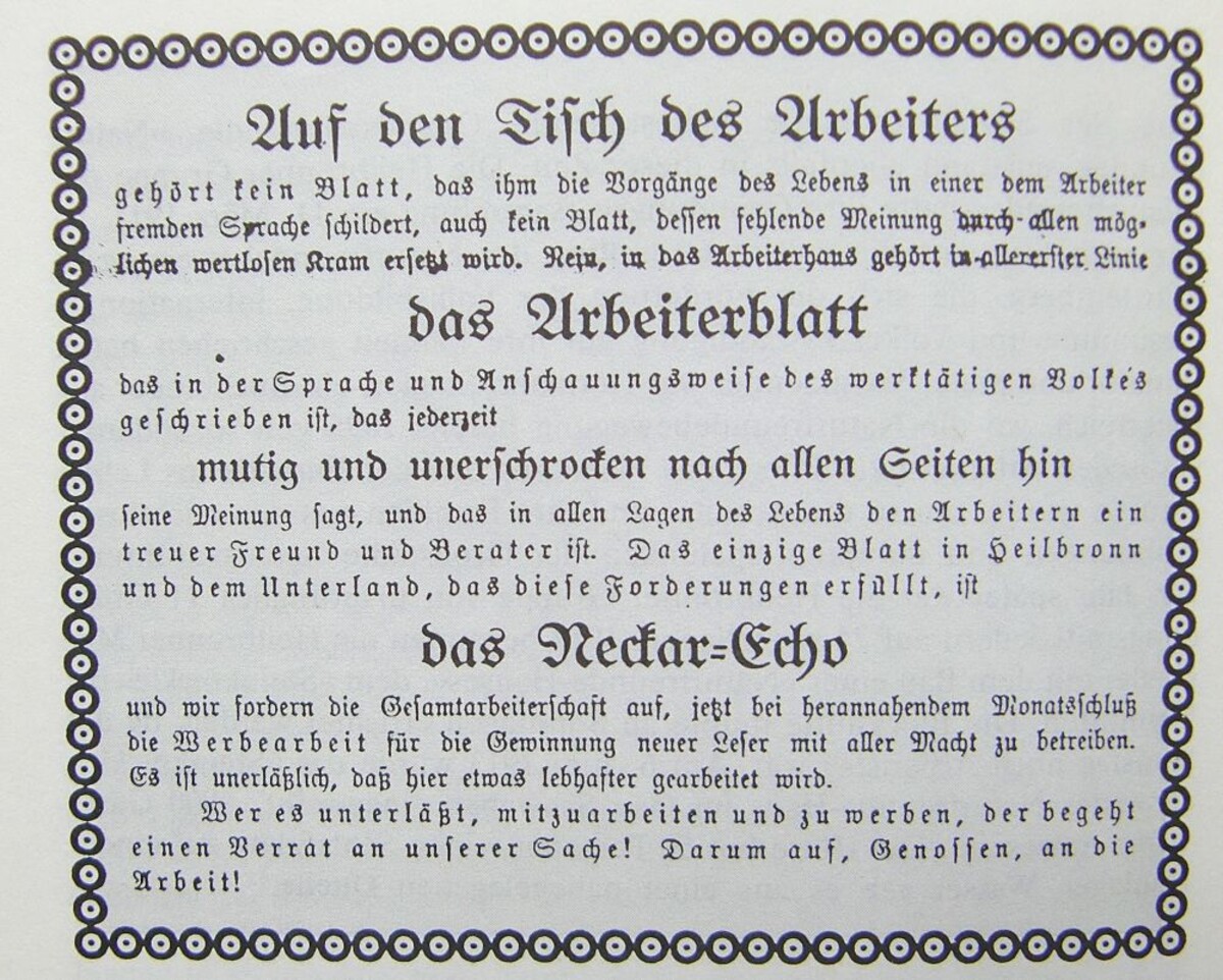 Anzeige im Neckar-Echo vom 19. September 1908 (Stadtarchiv Heilbronn) Anzeige im Neckar-Echo vom 19. September 1908 (Stadtarchiv Heilbronn)