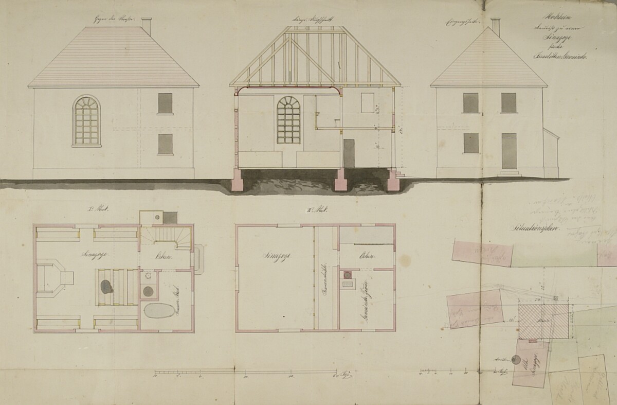 Plan der projektierten (aber nicht realisierten) Synagoge in Horkheim im Bereich der heutigen Schlossgasse; 1859 (Stadtarchiv Heilbronn) Plan der projektierten (aber nicht realisierten) Synagoge in Horkheim im Bereich der heutigen Schlossgasse; 1859 (Stadtarchiv Heilbronn)