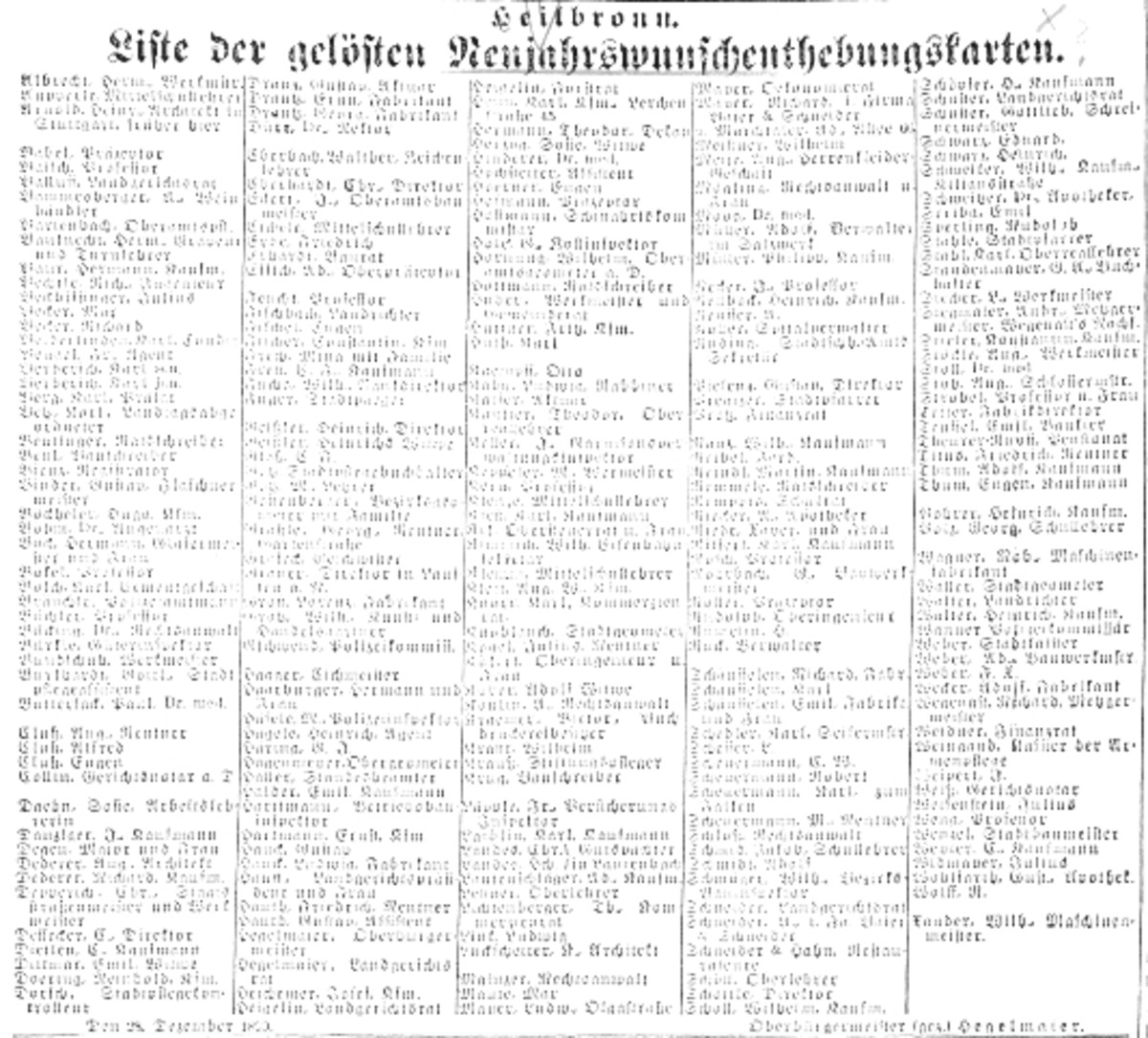Liste der gelösten Neujahrswunschenthebungs-Karten, veröffentlicht in der Neckar-Zeitung Nr. 305 vom 30. Dezember 1899, S. 8 (Stadtarchiv Heilbronn)