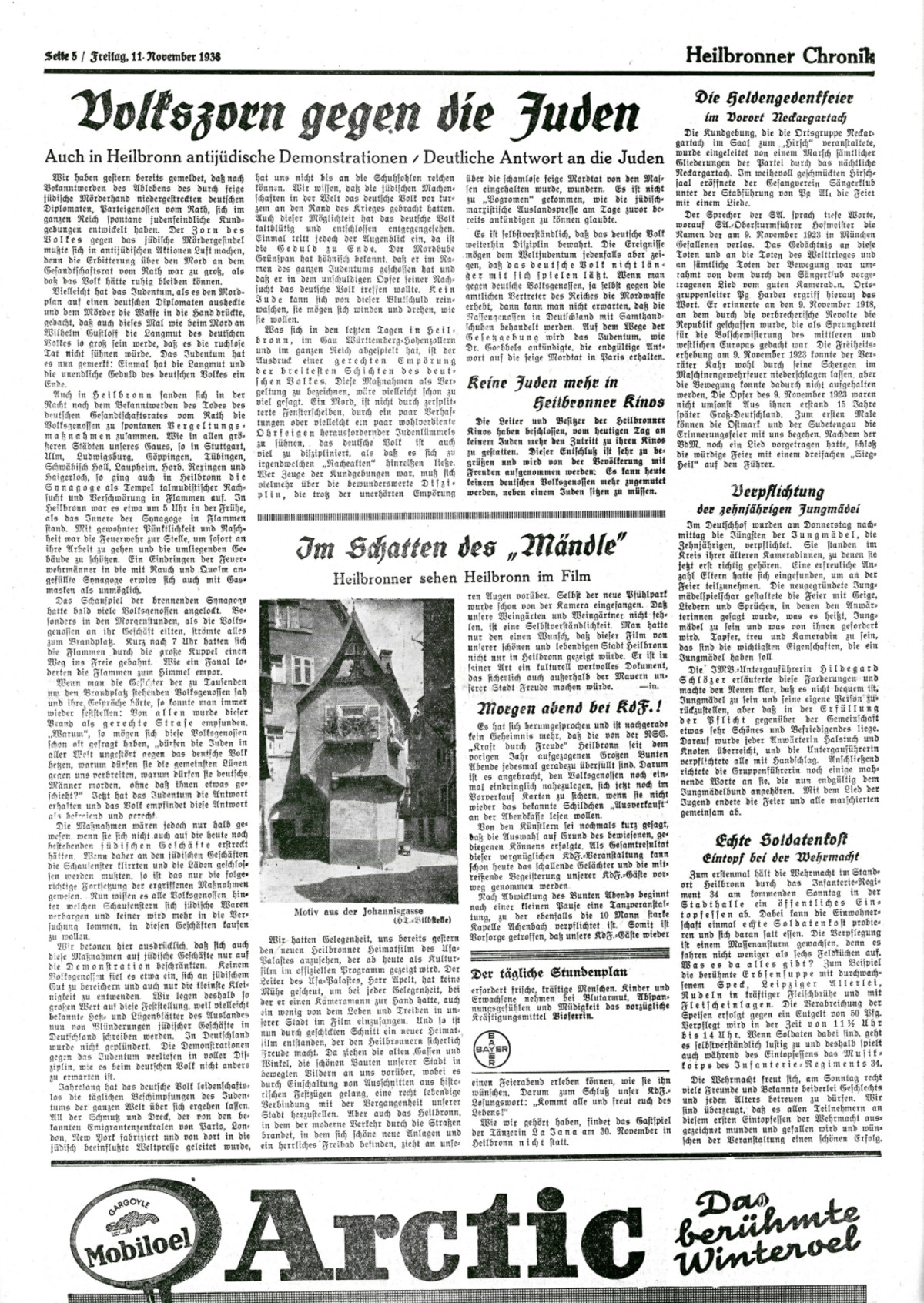 Heilbronner Tagblatt vom 11. November 1938 - Ausschnitt aus Seite 5 mit dem Bericht über den Brand der Synagoge und die Ausschreitungen gegen jüdische Geschäfte (Stadtarchiv Heilbronn) Heilbronner Tagblatt vom 11. November 1938 - Ausschnitt aus Seite 5 mit dem Bericht über den Brand der Synagoge und die Ausschreitungen gegen jüdische Geschäfte (Stadtarchiv Heilbronn)