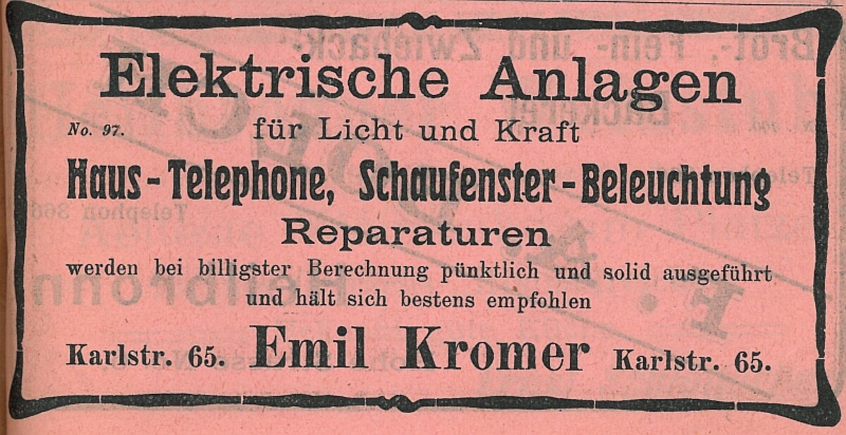 Anzeige der Firma Kromer im Adressbuch der Stadt Heilbronn, 1909 (Stadtarchiv Heilbronn) Anzeige der Firma Kromer im Adressbuch der Stadt Heilbronn, 1909 (Stadtarchiv Heilbronn)