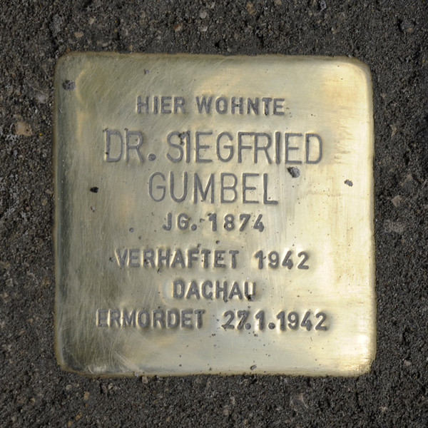 Stolperstein für Siegfried Gumbel vor dem Haus Gartenstraße 50
(Stadtarchiv Heilbronn)