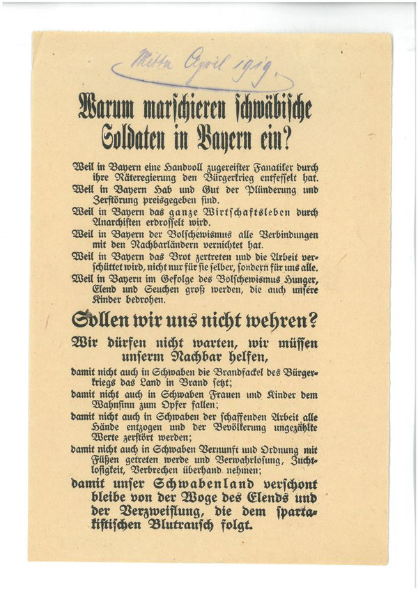 Flugblatt der württembergischen Regierung zur Rechtfertigung des Einmarschs in Bayern (Stadtarchiv Heilbronn E002-305)