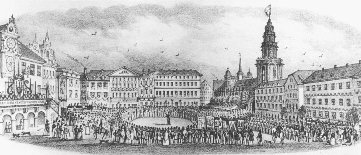 "Liederfest zu Heilbronn am 8. Juni 1840". Lithografie von Gebr. Wolff (Foto Stadtarchiv Heilbronn) "Liederfest zu Heilbronn am 8. Juni 1840". Lithografie von Gebr. Wolff (Foto Stadtarchiv Heilbronn)