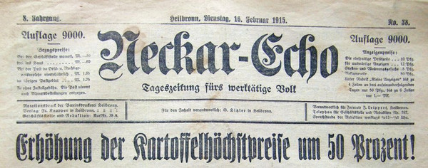 Neckar-Echo vom 16. Februar 1915 (Stadtarchiv Heilbronn)