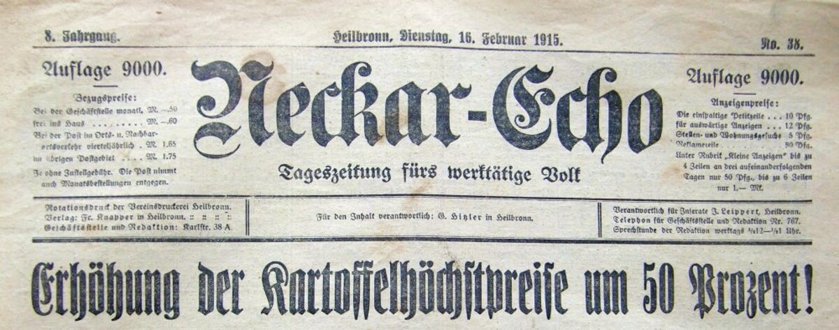 Neckar-Echo vom 16. Februar 1915 (Stadtarchiv Heilbronn) Neckar-Echo vom 16. Februar 1915 (Stadtarchiv Heilbronn)