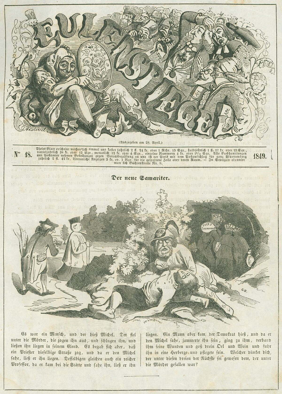 Der neue Samariter (Eulenspiegel Nr. 18, 28.04.1849, S. 69) Der neue Samariter (Eulenspiegel Nr. 18, 28.04.1849, S. 69)
