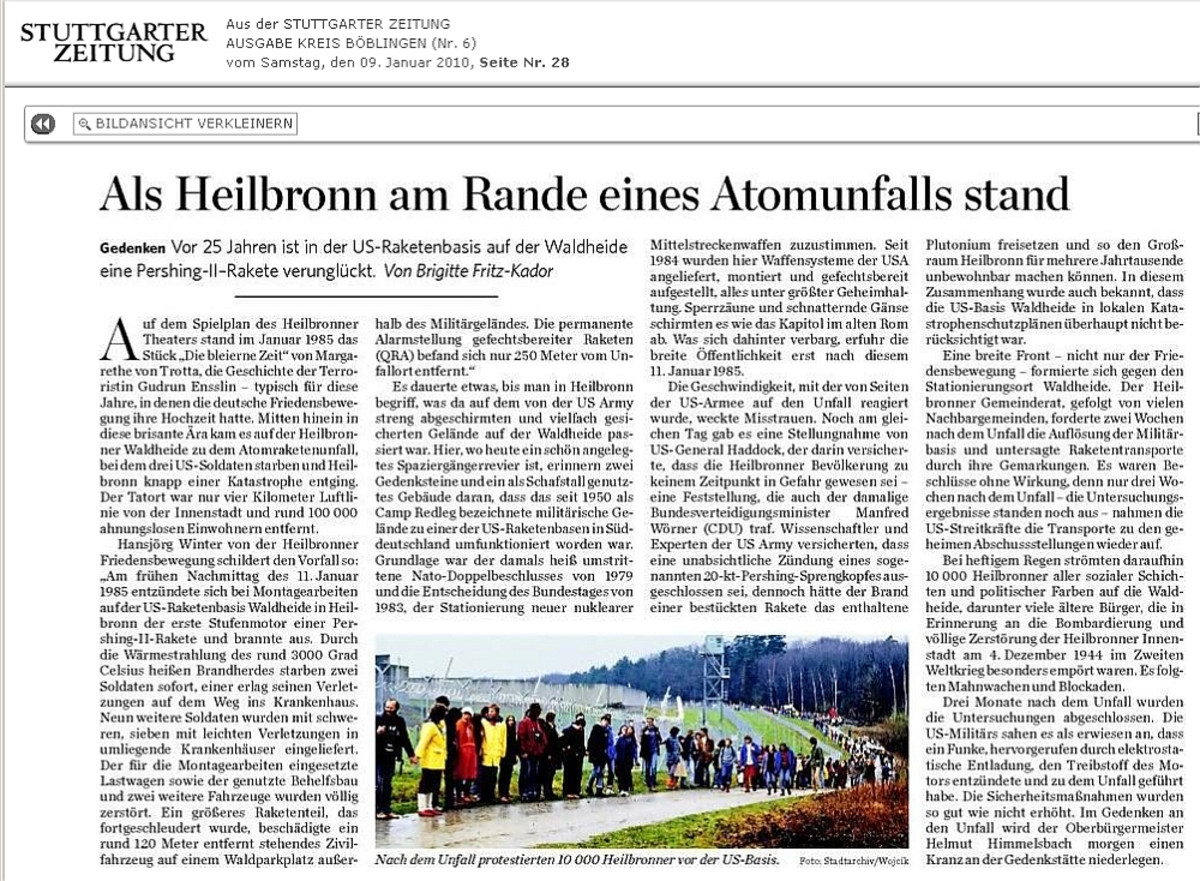 Brigitte Fritz-Kador: Als Heilbronn am Rande eines Atomunfalls stand (Stuttgarter Zeitung Nr. 28 vom 9. Januar 2010)