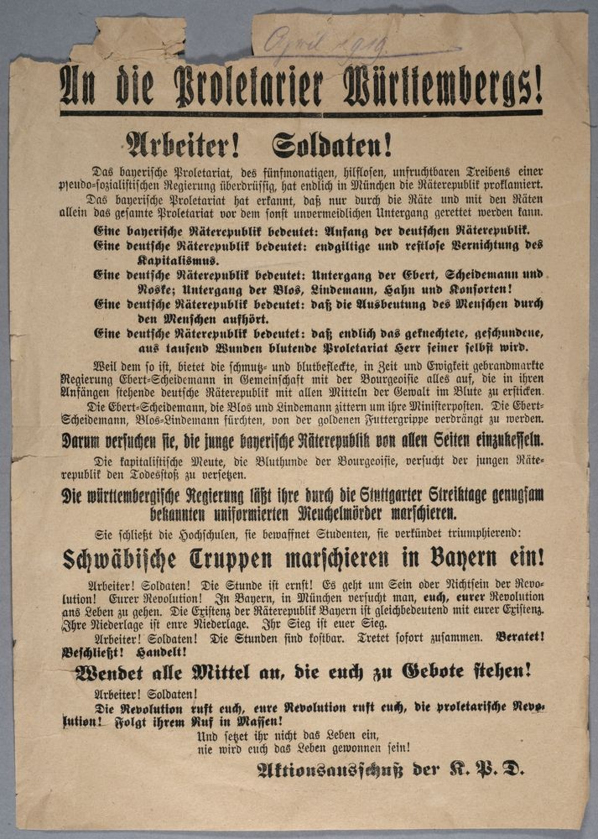 Aufruf der KPD gegen den Einmarsch württembergischer Regierungstruppen zur Niederwerfung der Räterepublik in Bayern (Stadtarchiv Heilbronn E002-308) Aufruf der KPD gegen den Einmarsch württembergischer Regierungstruppen zur Niederwerfung der Räterepublik in Bayern (Stadtarchiv Heilbronn E002-308)