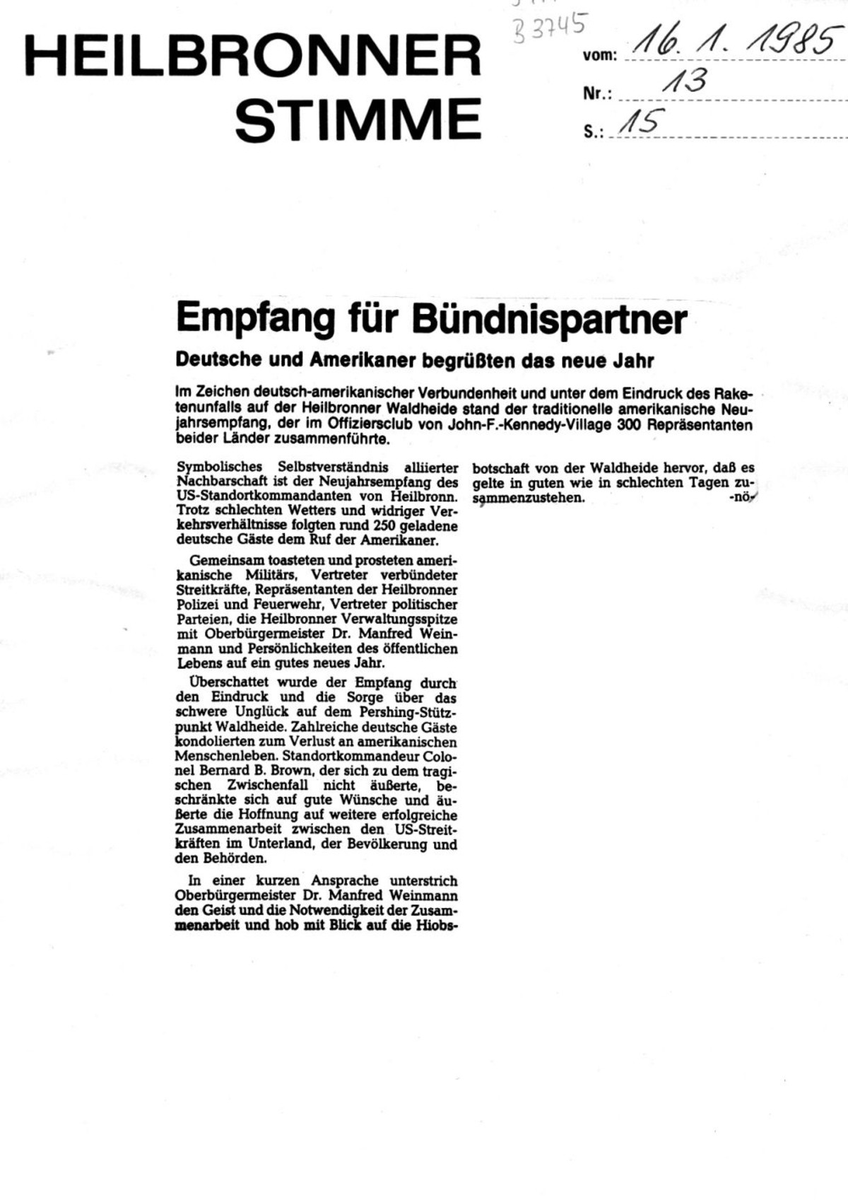 Empfang für Bündnispartner, Heilbronner Stimme vom 16. Januar 1985 (stimme.de)