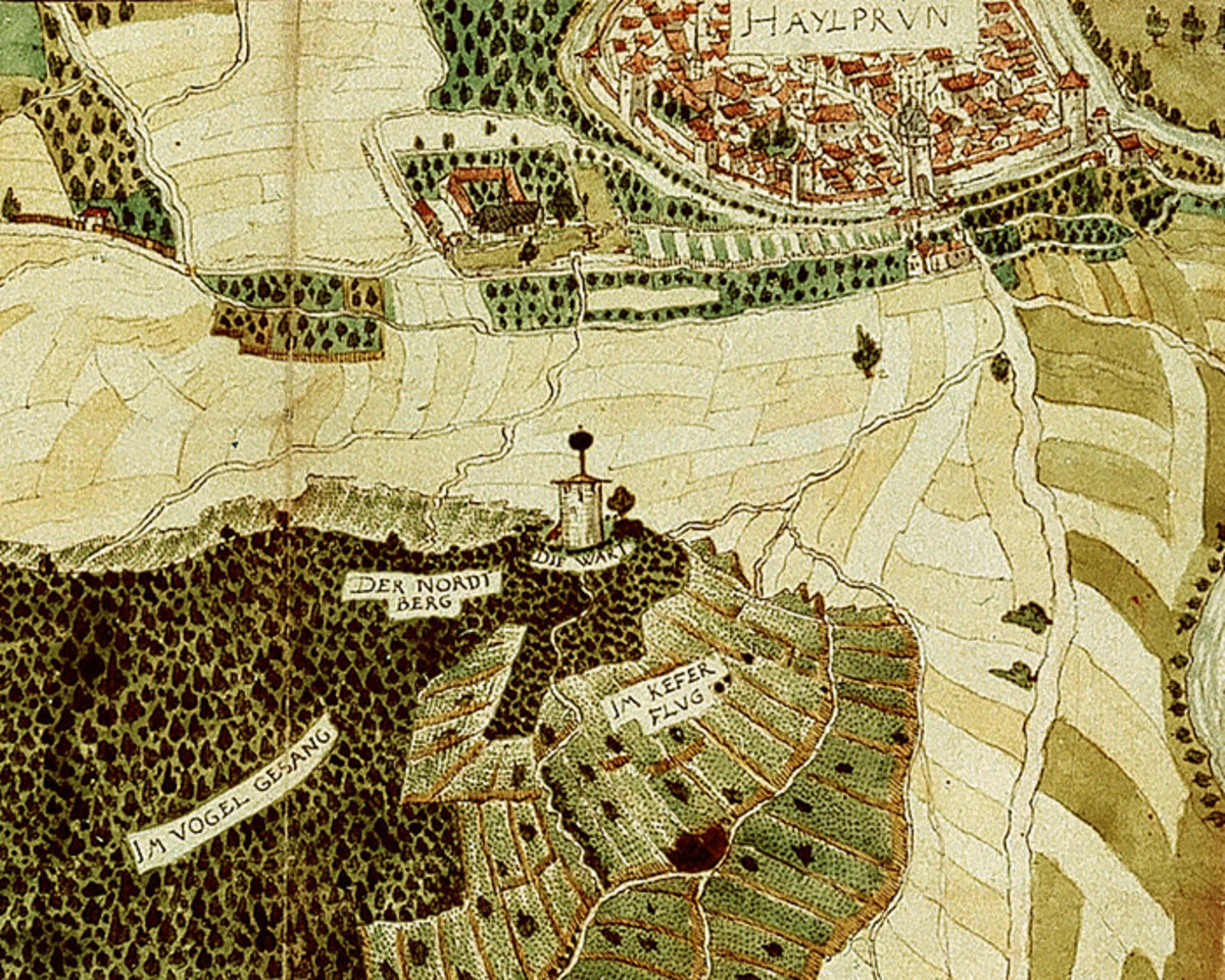 Der Nordberg und der Wartturm mit der Kugel auf der Karte des Heilbronner Stadtmalers Hans Peter Eberlin; 1578 
(Hauptstaatsarchiv Stuttgart C3 Büschel 4290)