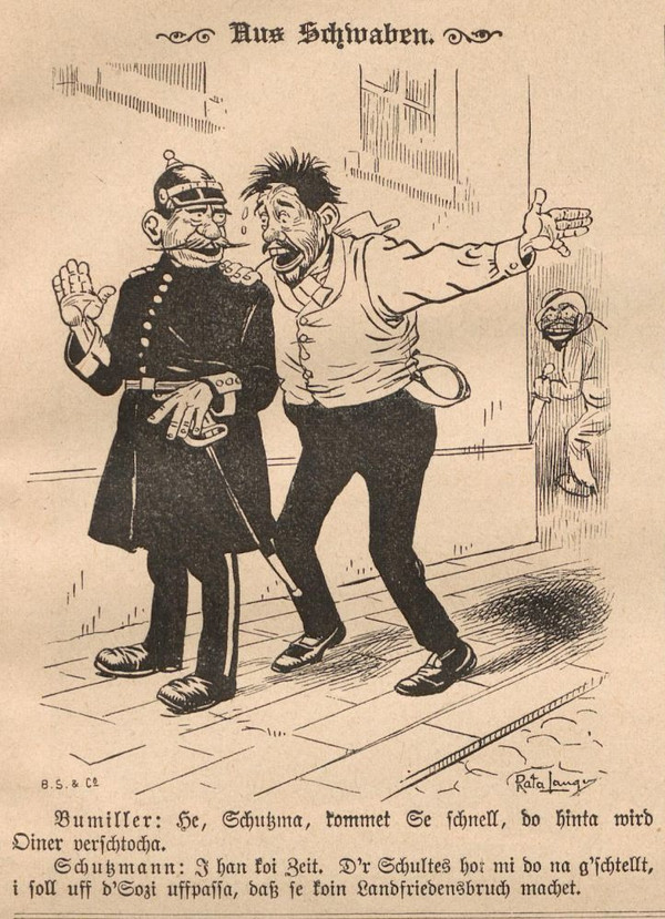 Aus der sozialdemokratischen Satirezeitschrift  Der Wahre Jacob, Nr. 327, 1899 (Anmerkung: Sozi = Sozialisten)