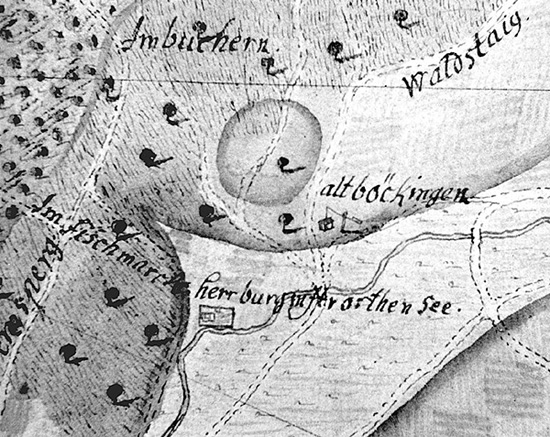 Alt-Böckingen auf einer Karte aus dem Jahr 1734 – beim Trappensee ("herr burgmstr orthen See"). 
(Stadtarchiv Heilbronn E005-31)