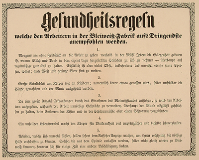 Gesundheitsregeln für die Arbeiter der Bläßschen Bleiweißfabrik; um 1880
(Stadtarchiv Heilbronn)