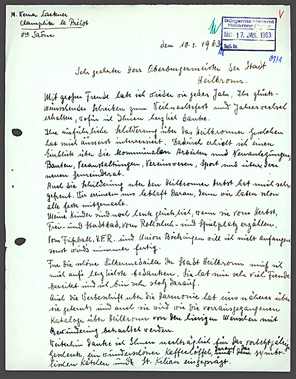 Ein Brief aus Frankreich vom 10. Januar 1963. 
(Stadtarchiv Heilbronn)