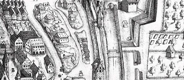 Zerstörte Häuser in Heilbronn nach dem Dreißigjährigen Krieg; 1658
Stadtansicht von Johann Sigmund Schlehenried (Ausschnitt)
(Stadtarchiv Heilbronn)
