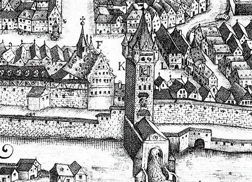 Brückentor; 1658
Stadtansicht von Johann Sigmund Schlehenried (Ausschnitt)
(Stadtarchiv Heilbronn)