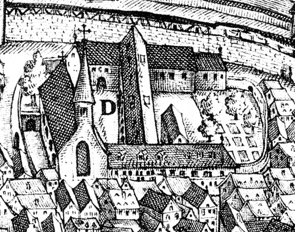 Abbildung des Klaraklosters, Ausschnitt der Stadtansicht von Johann Sigmund Schlehenried von 1658.