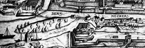 Mühlen, Kran und Hefenweiler; 1658
Stadtansicht von Johann Sigmund Schlehenried
(Stadtarchiv Heilbronn E005-2142)