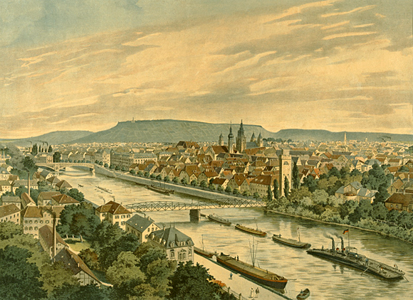 Der „Neckaresel“ – der Kettenschlepper – vor der Silhouette von Heilbronn; nach 1908 
(Stadtarchiv Heilbronn)
