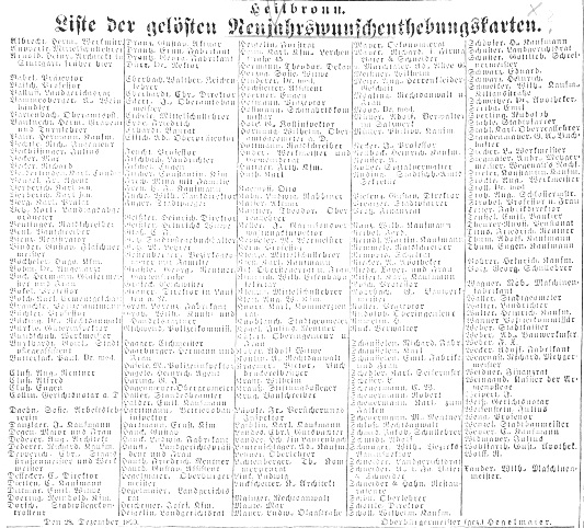 Liste der gelösten Neujahrswunschenthebungs-Karten, veröffentlicht in der Neckar-Zeitung Nr. 305 vom 30. Dezember 1899, S. 8 (Stadtarchiv Heilbronn)