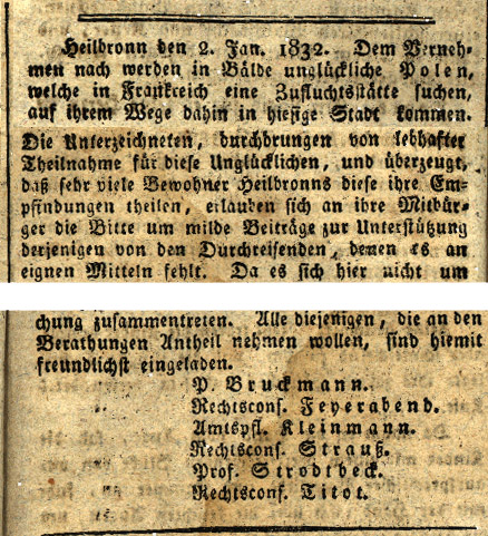 Ausschnitte aus dem Aufruf zur Unterstützung der polnischen Exilanten im Heilbronner Imtelligenzblatt vom 3. Januar 1831
(Stadtarchiv Heilbronn)