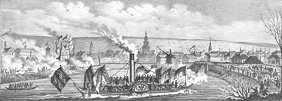Ankunft des ersten Neckardampfschiffs in Heilbronn; 1841
Lithographie der Gebrüder Wolff
(Stadtarchiv Heilbronn)