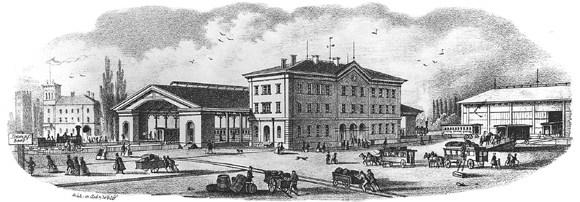 Der Bahnhof vor dem Brückentor; 1848
Lithographie der Gebrüder Wolff
(Stadtarchiv Heilbronn)