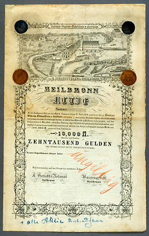 Aktie der Schaeuffelenschen Papierfabrik; 1848
(Stadtarchiv Heilbronn)
