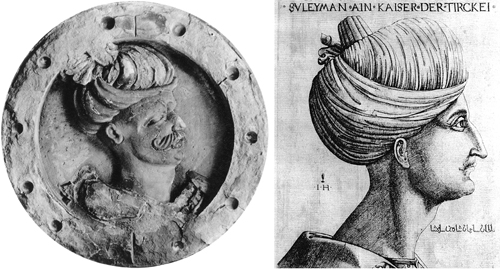 Das erste Heilbronner Bildnis eines Türken – ein Medaillon mit dem Porträt des Sultans Süleyman I. vom Turm der Kilianskirche (vor 1529; links). Als Vorbild diente wohl ein Porträt des Sultans Süleyman I. wie diese Radierung von Hieronymus Hopfer (rechts).
(Stadtarchiv Heilbronn)