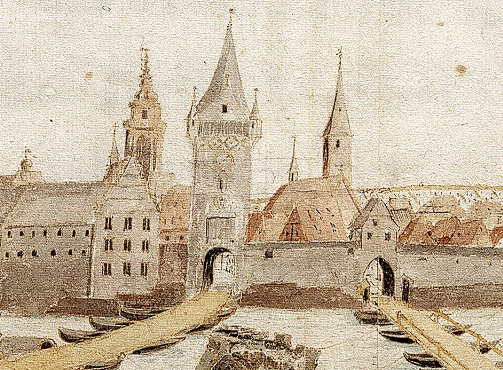Tränktor und Brückentor; 1691. Fabersche Chronik (Stadtarchiv Heilbronn)